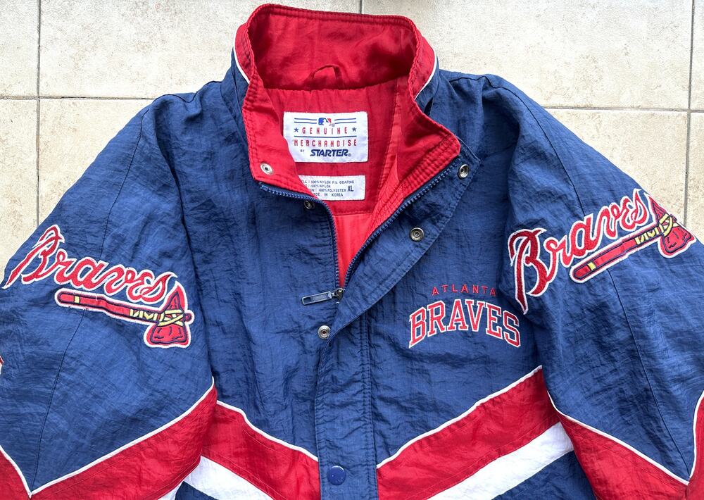 Atlanta Braves 90s STARTER puffer LOGOS jacket TOMAHAWK yth XL navy MLB vintage